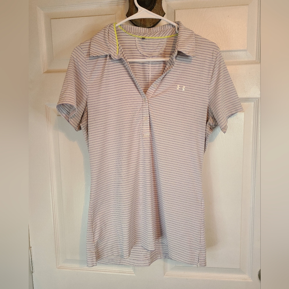 Woman's UA Playoff Golf Polo, Size: Medium Color: Grey & Purple Stripes